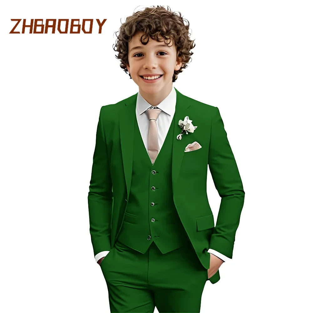 Costume Garçon 3 Pièces Coupe Slim Smoking Enfant Tenue de Mariage Formelle Ensemble Blazer Gilet Pantalon