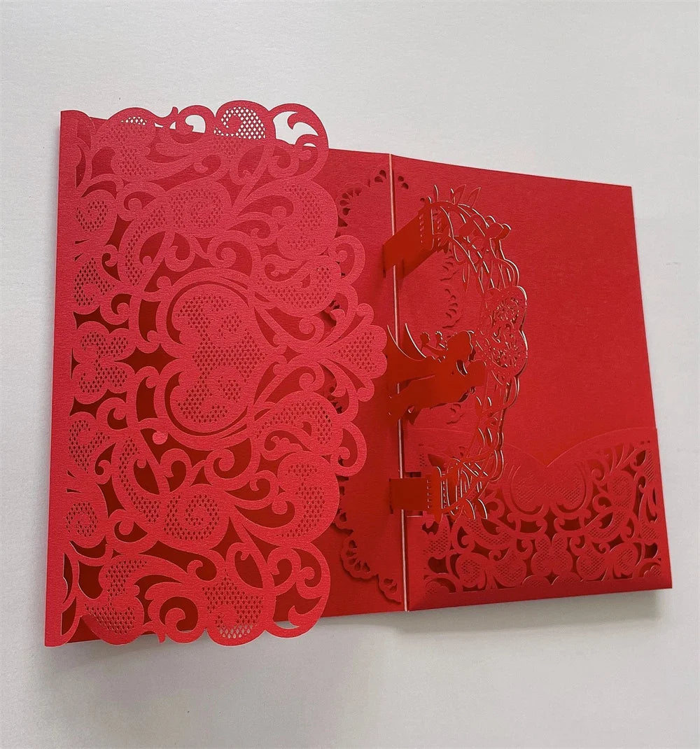 6 Pièces/Lot 3D Pop Up Mariés Ivoire Carte d'invitation de mariage Laser Poche Florale Douche nuptiale Invitations de fiançailles