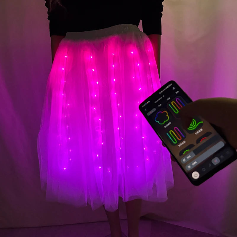Full Color Light Up Skirt for Girls APP Bluetooth LED Long Tutu for Performance Dance Rave Clothes Wedding Birthday Party Props
