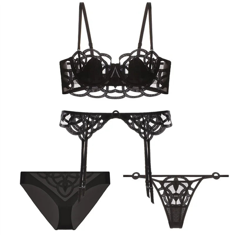 CINOON Lingerie sexy brodée pour femme Ensemble soutien-gorge push-up en dentelle fine et transparente + porte-jarretelles + string, ensemble de 3 pièces de lingerie française