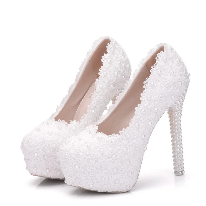 Chaussures Femme Escarpins Dentelle Strass Bout Rond Talons Fins 14cm Blanc Délicat Doux Mariage Chaussures à Talons Hauts