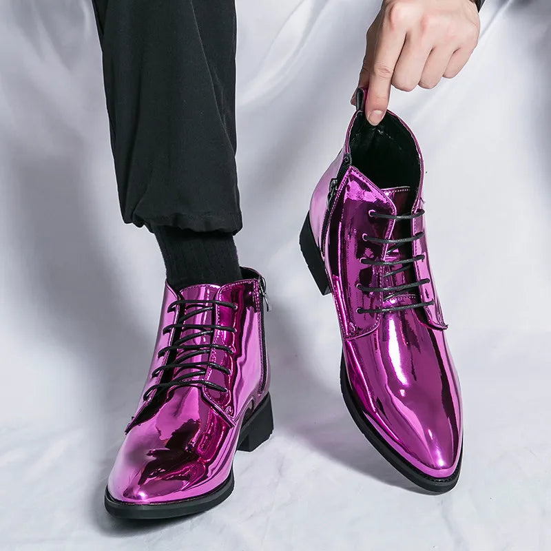 Bottes de luxe pour homme à paillettes, tendance, violettes, montantes, chaussures de mariage pour homme, bouts pointus, fermetures éclair, chaussures de ville pour homme, grande taille 47