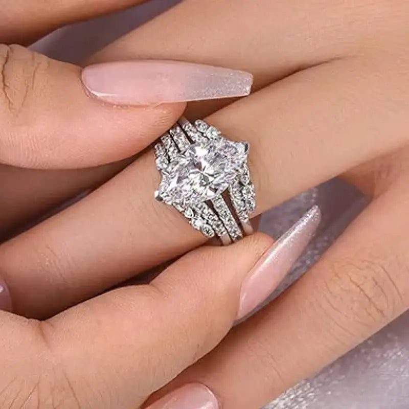 CZ Bridal Ring Set — 2 Piece 925 Silver Color Wedding Bands
