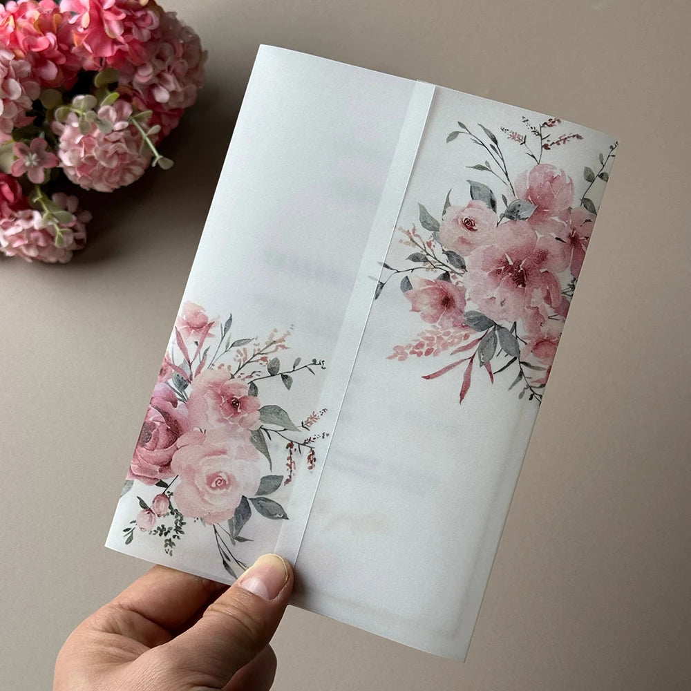 20pcs Watercolor flower Vellum  Wrap suitable for a 5 x 7 Wedding Invitation,vellum jacket,custom invitation