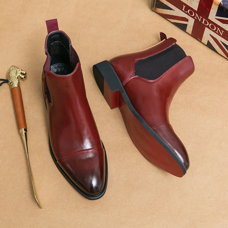 Bottes Cheville Homme Affaires Semelle Rouge Bout Pointu Bottines Habillées Britanniques Chaussures Hautes en Cuir Décontractées Chelsea Homme à Enfiler