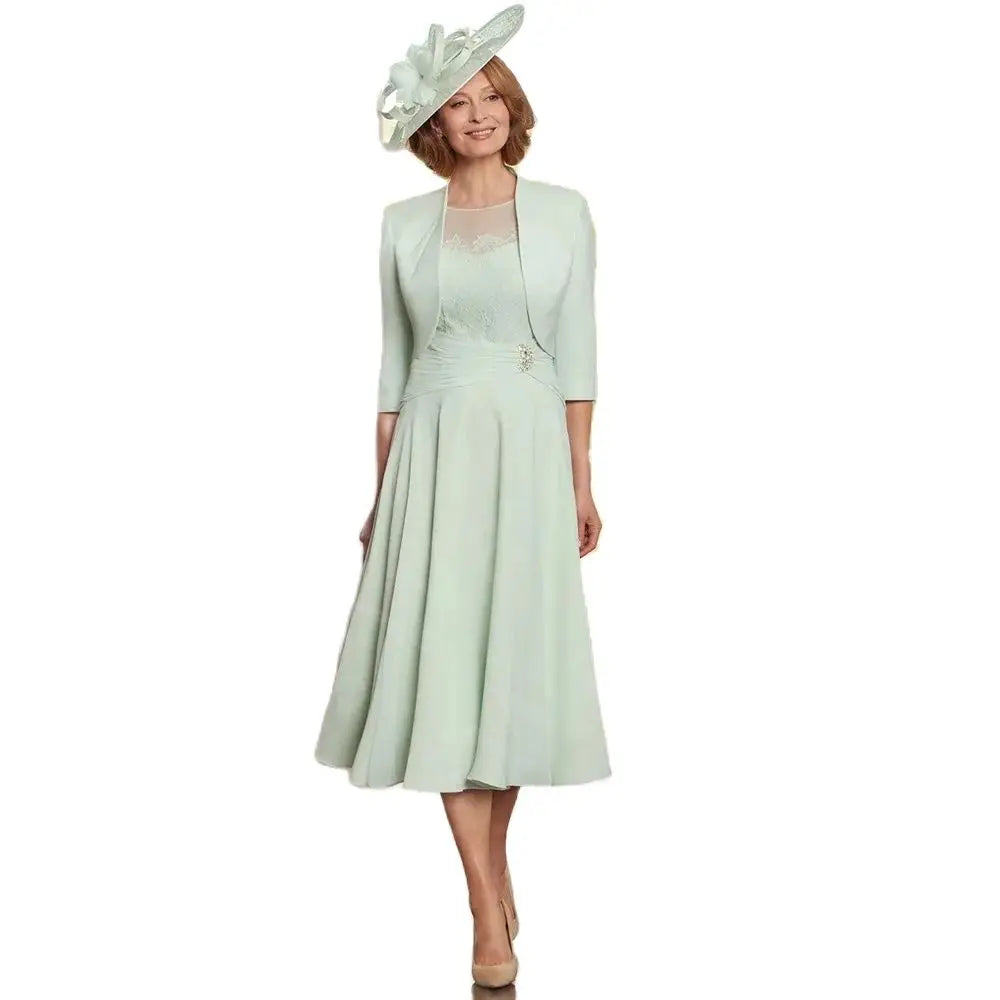 2024 Dernières Robes de Mère Vert Menthe Longueur Thé Robes de Mère de la Mariée avec Veste Robes de Soirée de Mariage en Dentelle Deux Pièces