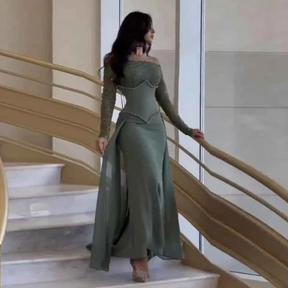 Robe de soirée corset personnalisée avec surjupe, épaules dénudées, manches longues, robe de bal pour invitée de mariage, tenue de soirée pour le bal de promo
