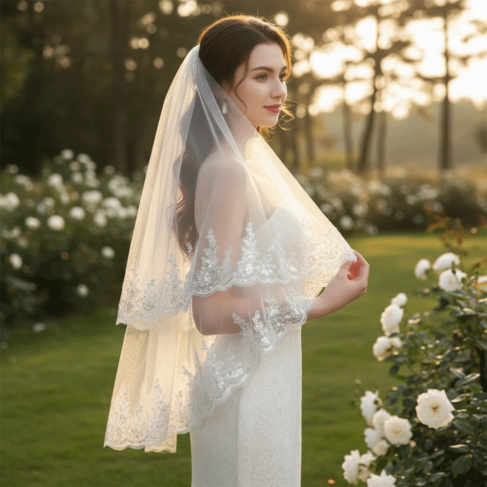 Elegant Luxury Bride Wedding Veils Sequins Glitter with Hair Comb Lace Beaded Veil Lace Edge Tulle Veil Wedding Day