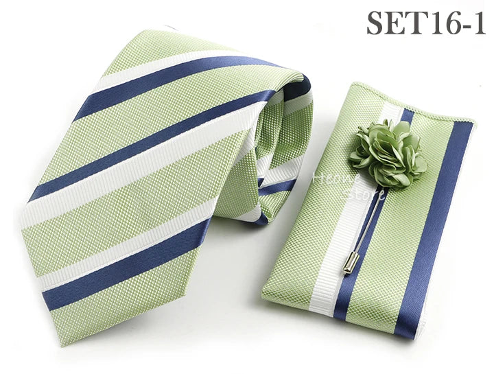 Men's Striped Necktie, Pocket Square & Brooch Set | Groom & Groomsmen Wedding Accessory