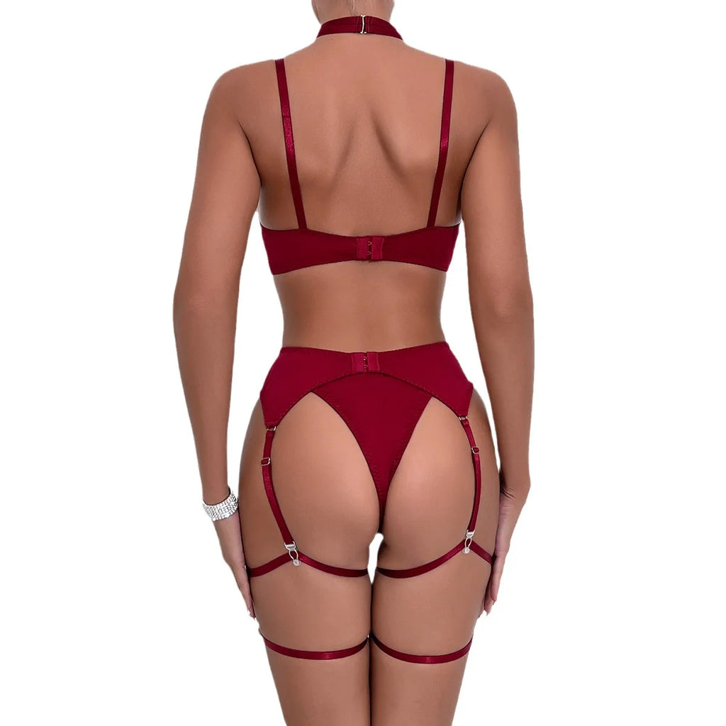 Ensemble de lingerie sexy - Soutien-gorge à nœud, Ensemble de soutien-gorge noir tentation, Ensemble quatre pièces sous-vêtements femme avec ceinture et découpes, Nuisette érotique