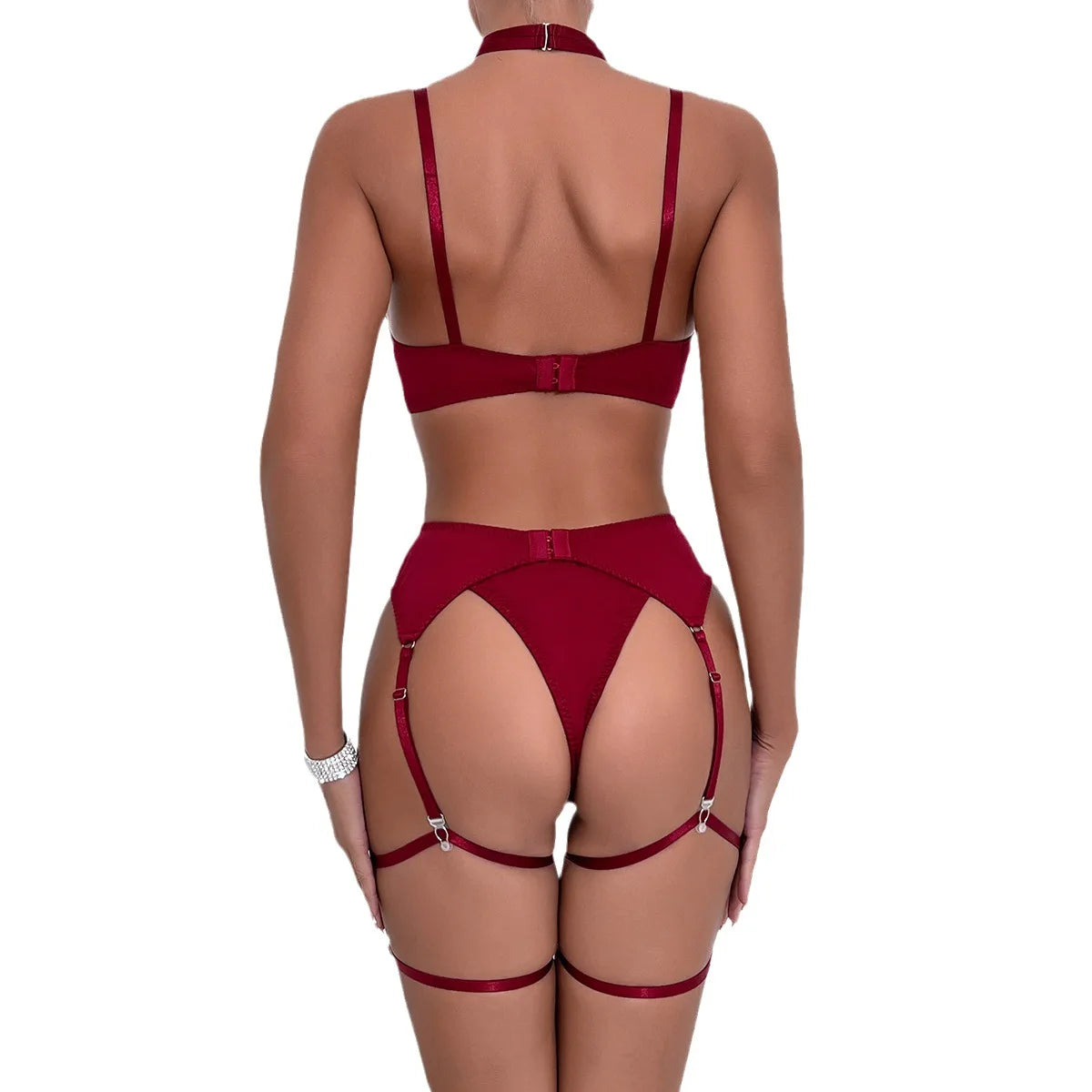 Ensemble de lingerie sexy - Soutien-gorge à nœud, Ensemble de soutien-gorge noir tentation, Ensemble quatre pièces sous-vêtements femme avec ceinture et découpes, Nuisette érotique