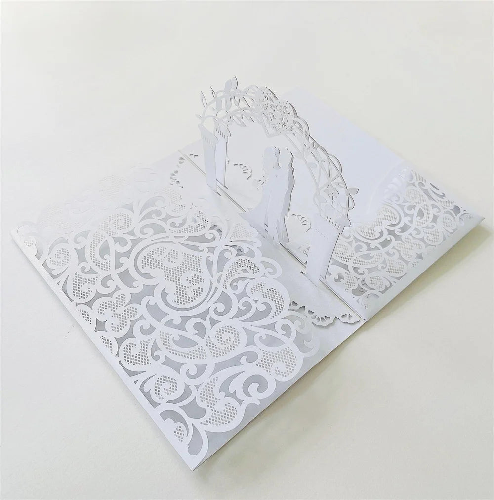 6 Pièces/Lot 3D Pop Up Mariés Ivoire Carte d'invitation de mariage Laser Poche Florale Douche nuptiale Invitations de fiançailles