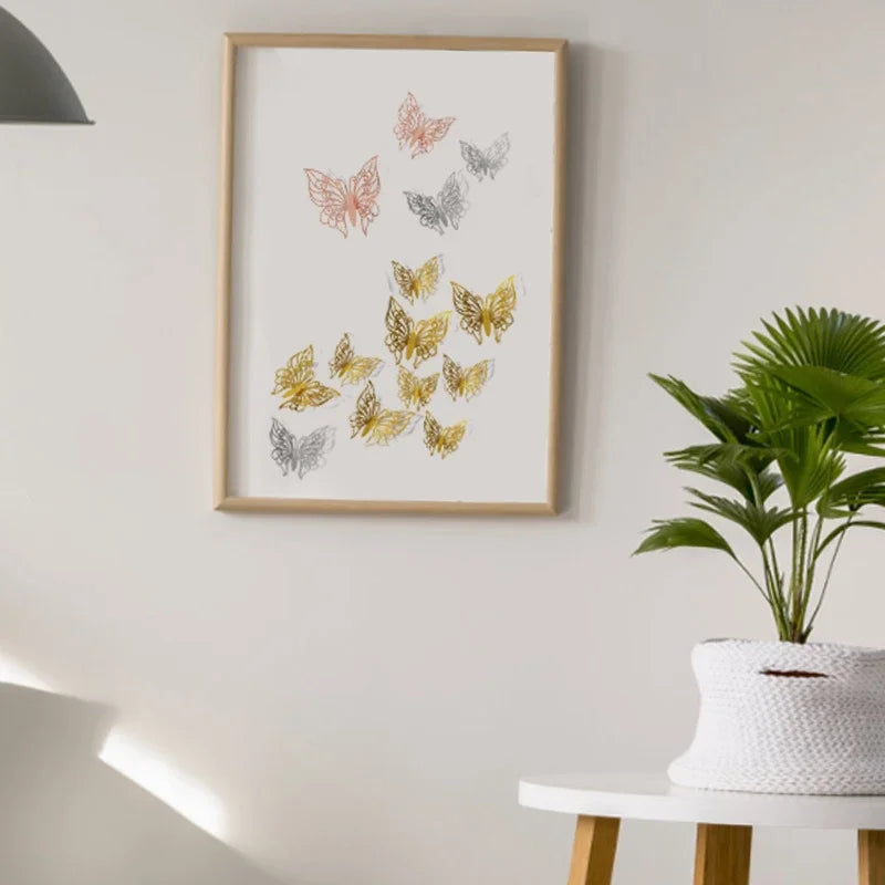 48pcs Gold Silver Hollow Butterfly Wall Stickers 3D Butterflies Bedroom Living Room Home Decoration Applique Wedding Decor