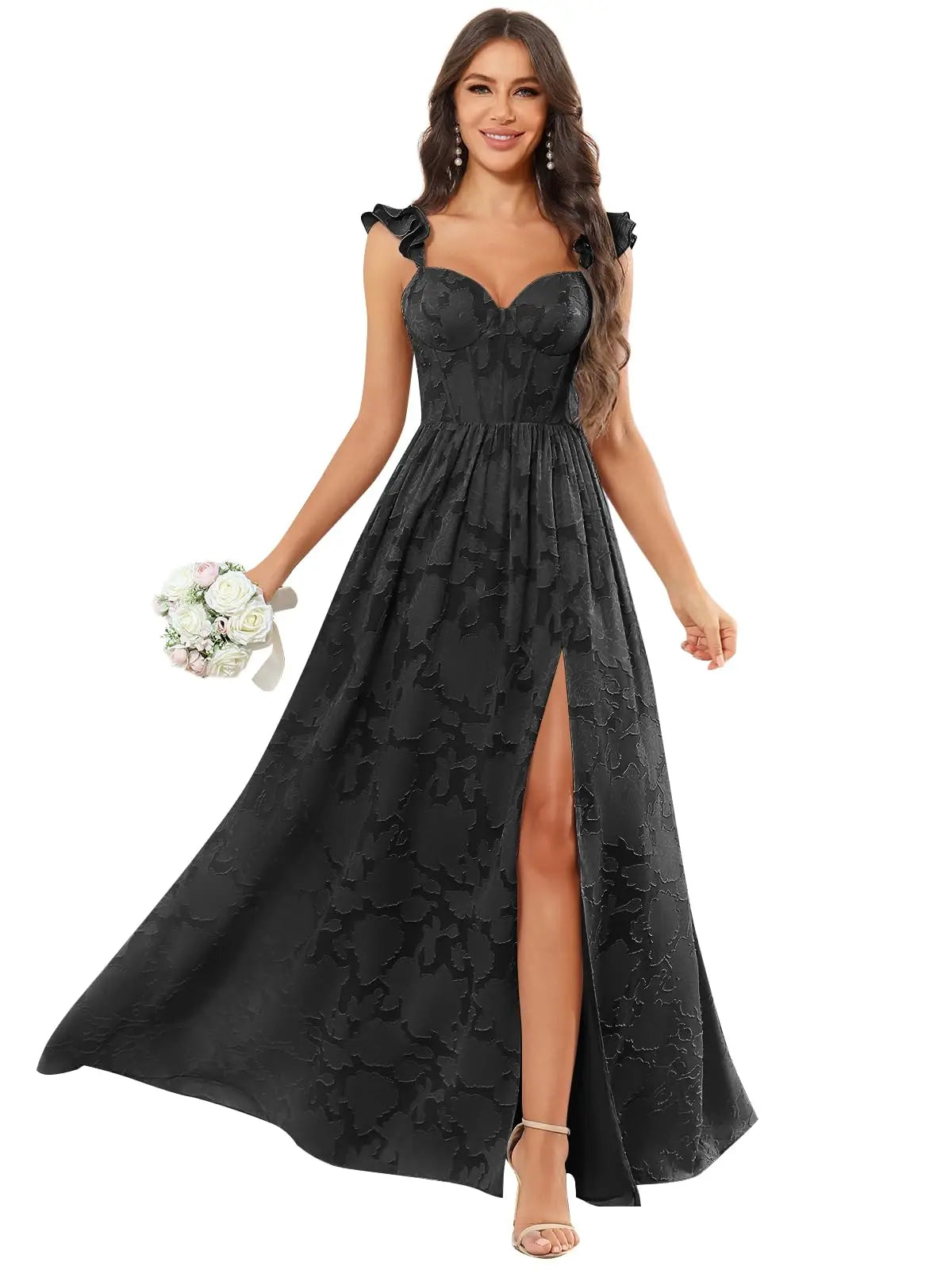 Floral Ruffle Bridesmaid Dress | Sweetheart A-Line Gown with Slit | Wedding Party