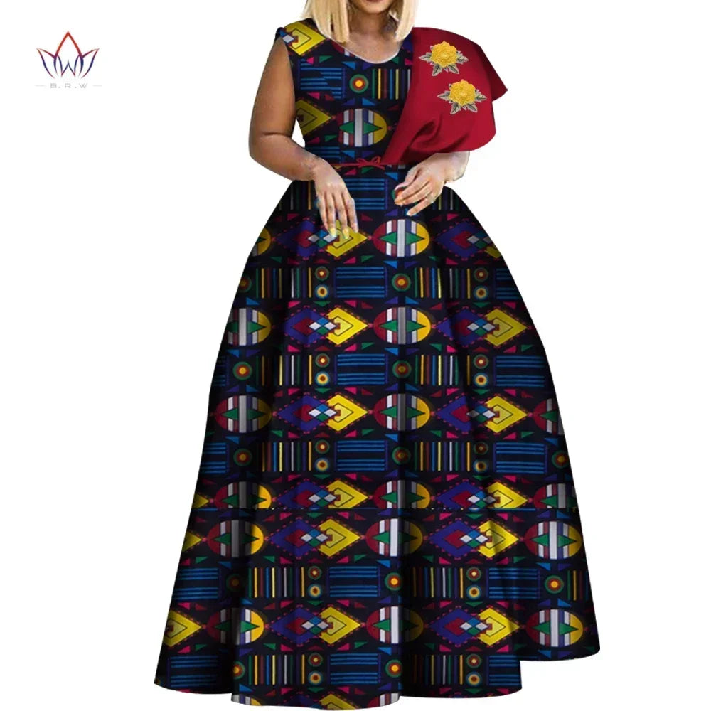 Bintarealwax Robes africaines Dashiki imprimées Bazin Robe de soirée asymétrique Robes africaines grande taille pour femmes WY3834