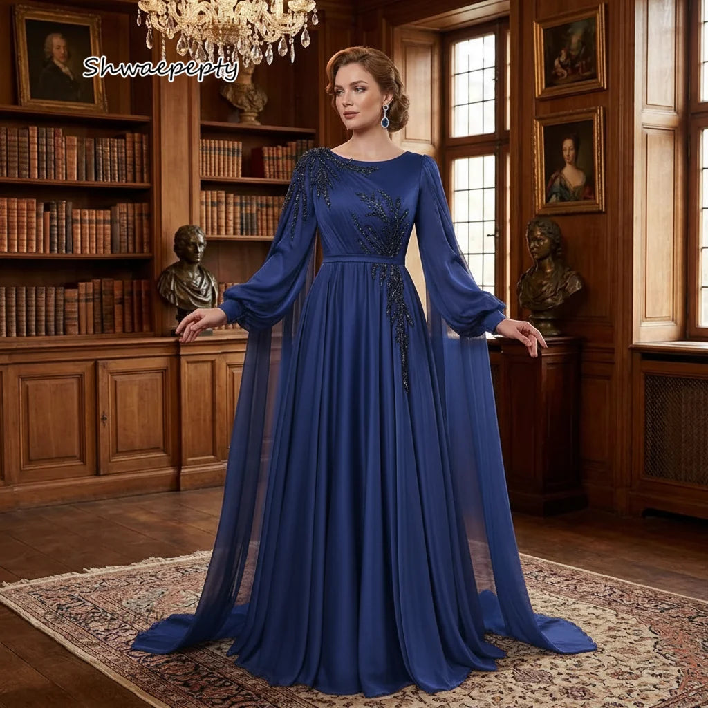 Robes de Soirée Élégantes Musulmanes en Mousseline de Soie Perles Robe de Bal Longue Ligne A Manches Longues Bourgogne Robes de Soirée Formelles pour Femmes Personnalisables