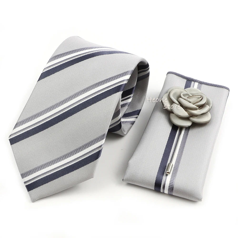 Men's Striped Necktie, Pocket Square & Brooch Set | Groom & Groomsmen Wedding Accessory