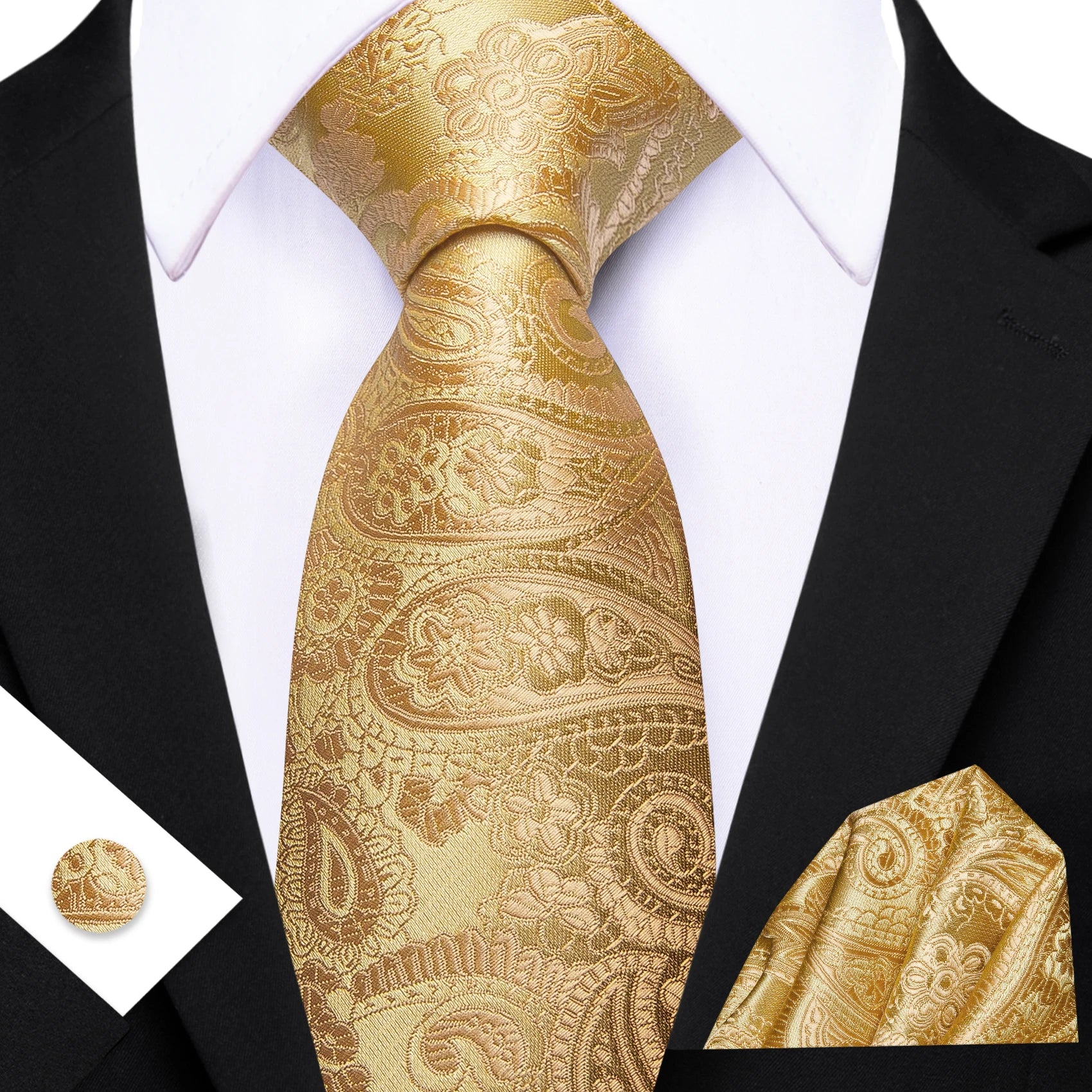 Barry.Wang Cravate Jacquard Or et Jaune pour Homme avec Mouchoir de Poche et Boutons de Manchette, Cravate Exquise pour Mariage et Affaires