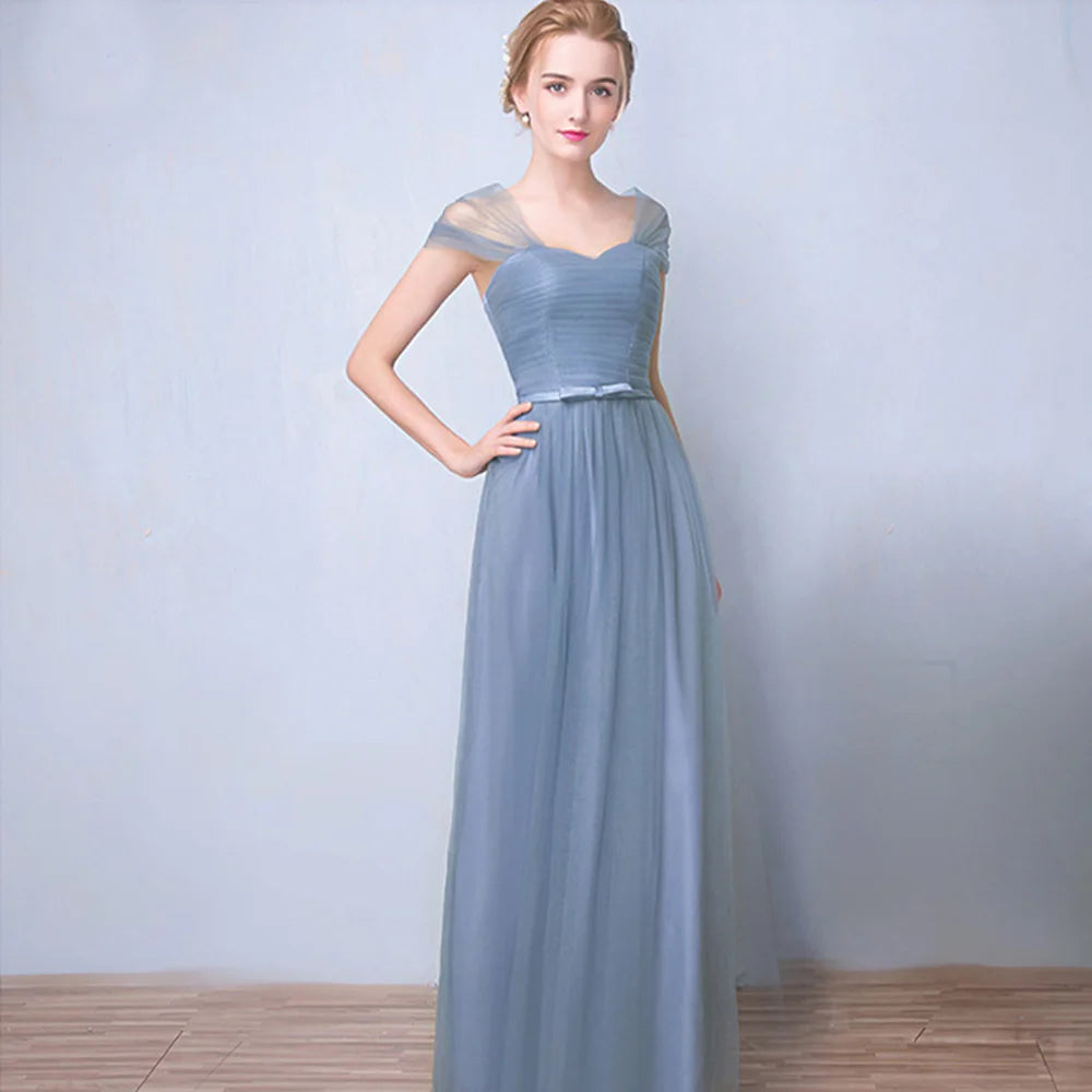 Élégante Robe de Demoiselle d'honneur Gris Bleu Simple 4 styles sans Manches Femme Classique Tulle Ceinture Satin Lacets Nœud Robe de Bal Ligne A