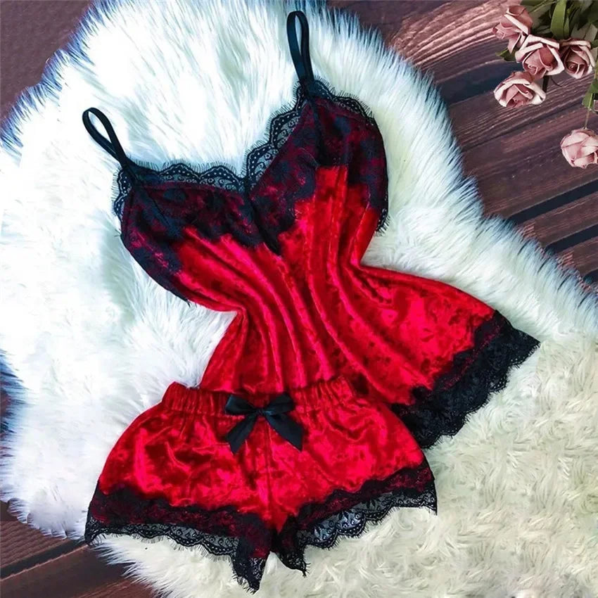 Ensemble Pyjama Velours Automne Hiver Femme Lingerie Sexy Vêtements de Nuit Mignon Débardeur et Short Ensembles Pyjama Loungewear