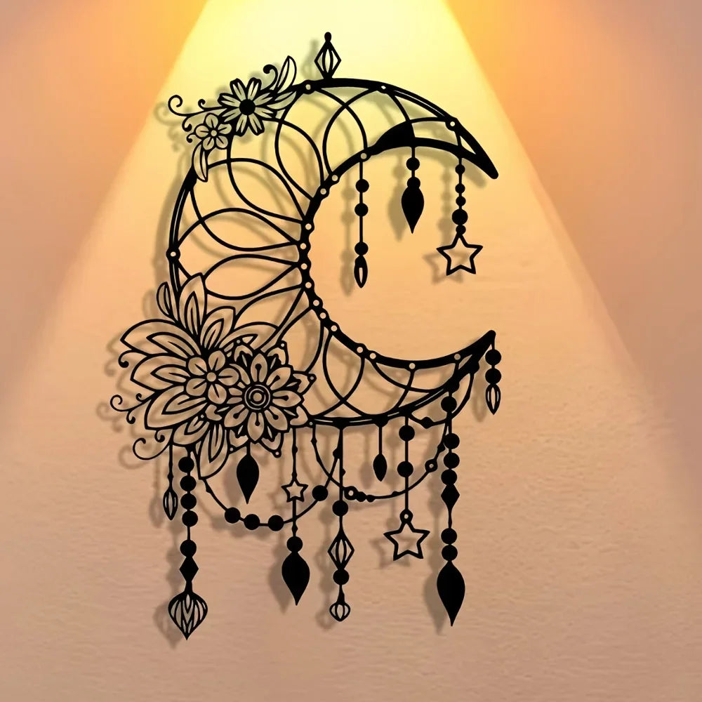 Elegant Gothic Moon & Flower Metal Wall Art Modern Craft Hanging Ornament for Living Room Decor