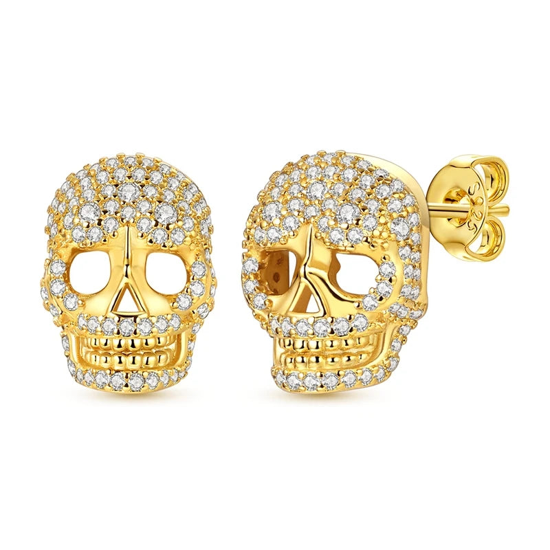 Boucles d'oreilles clous Tête de mort en or et zircon — Argent sterling 925