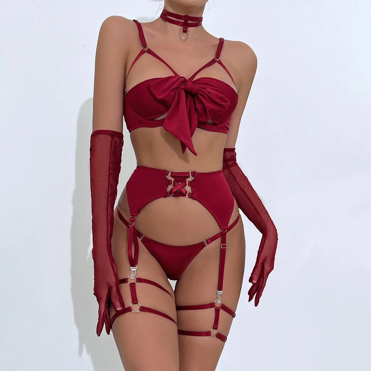 Ensemble de lingerie sexy - Soutien-gorge à nœud, Ensemble de soutien-gorge noir tentation, Ensemble quatre pièces sous-vêtements femme avec ceinture et découpes, Nuisette érotique