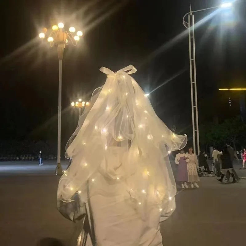 Voile mignon Cheveux Lumineux Fée Ruban Nœud Couronne Lampe LED Mariage Fournitures de Fête Maquillage Fille