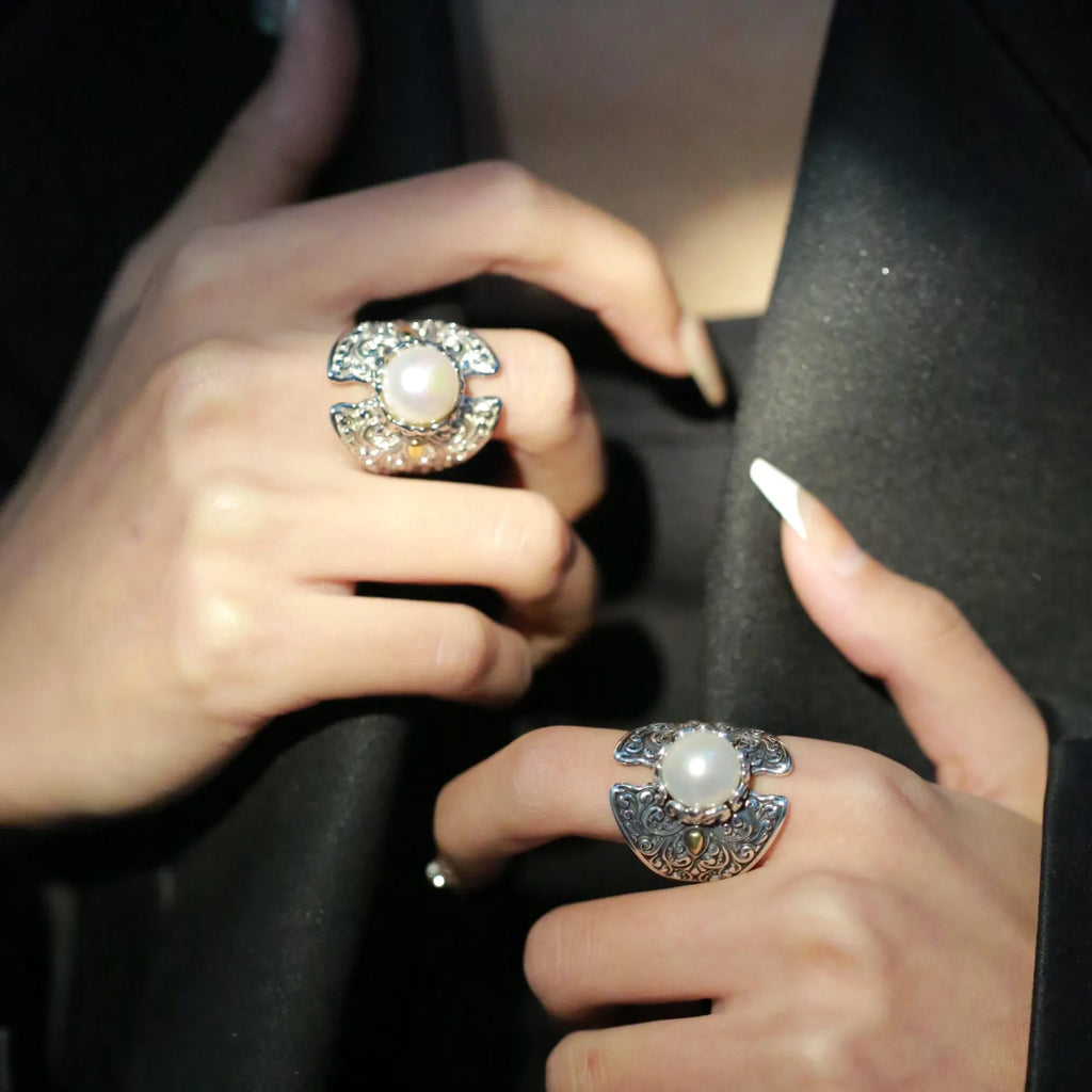 Bague Ajustable Perle Creuse Sculptée — Bijoux de Mariée Vintage