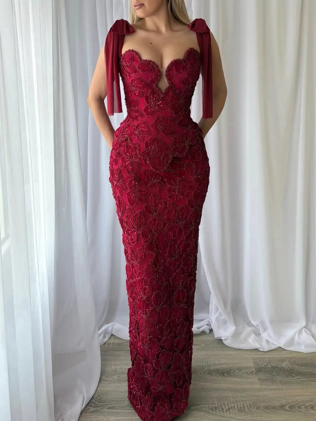 Ofherown Red 3D Floral Beaded Prom Gown Luxury Spaghetti Strap Evening Dress with Chiffon Bow Formal Gown for Wedding Party