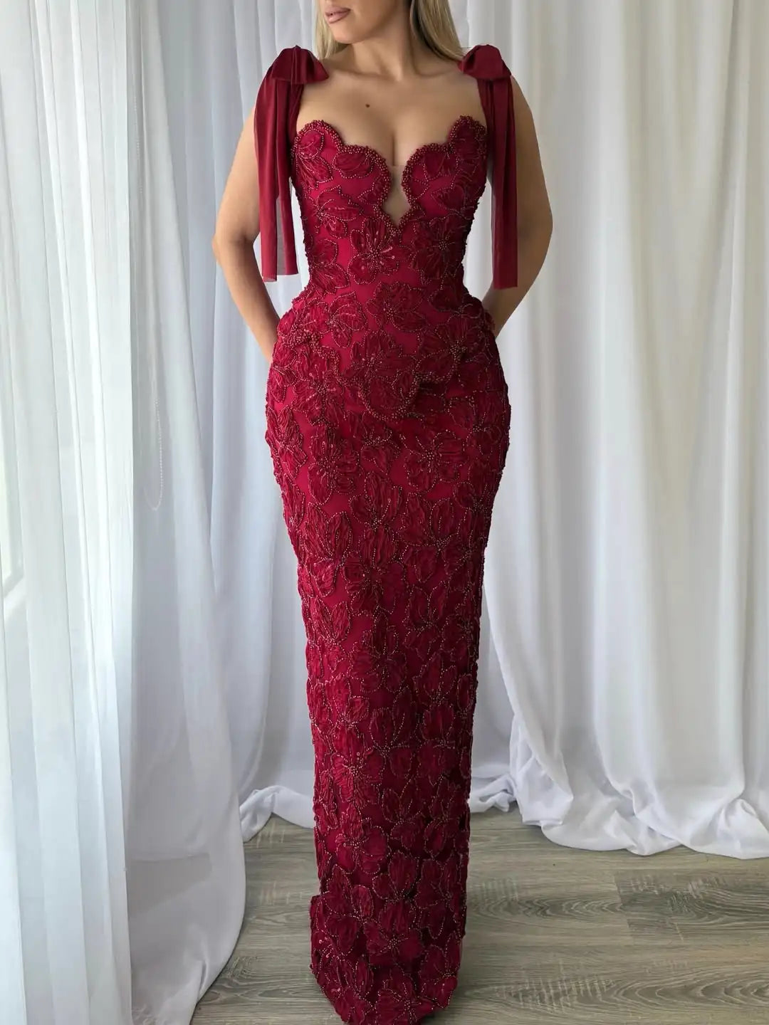 Ofherown Red 3D Floral Beaded Prom Gown Luxury Spaghetti Strap Evening Dress with Chiffon Bow Formal Gown for Wedding Party