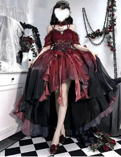 Robe de mariée gothique rouge fleur Cosplay Lolita Robe Op Lolita Robe de princesse bouffante à traîne pour l'industrie lourde, Cosplay Lolita