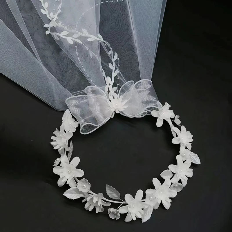 Voile de Couronne de Mariée Élégant Blanc Européen et Américain Bandeau pour Femmes Nœud de Mariage Couronne de Fête Accessoire de Cheveux