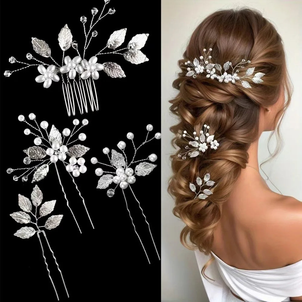 Ensembles de 4 pinces à cheveux de mariée en perles, accessoires de mariage, diadèmes élégants en forme de feuille vintage, faits à la main, pour mariée