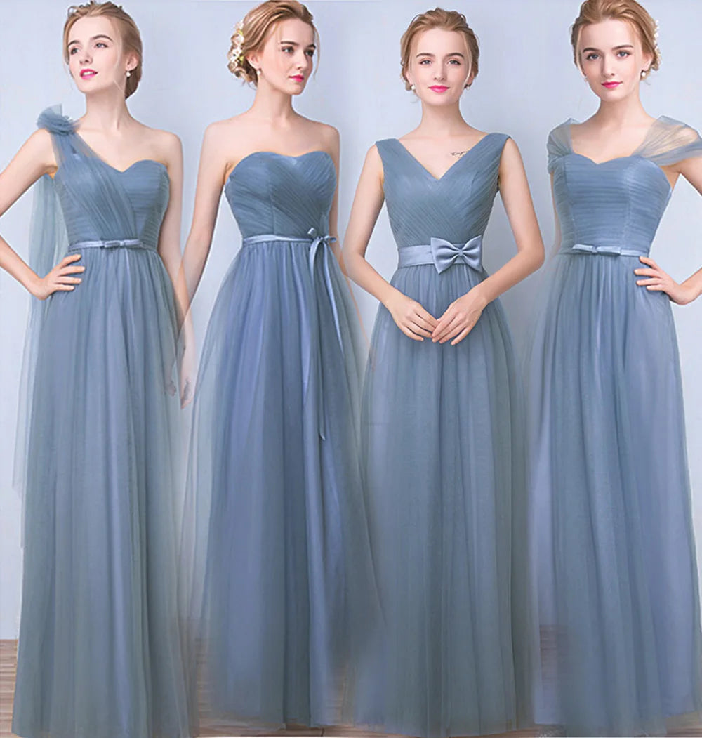 Élégante Robe de Demoiselle d'honneur Gris Bleu Simple 4 styles sans Manches Femme Classique Tulle Ceinture Satin Lacets Nœud Robe de Bal Ligne A
