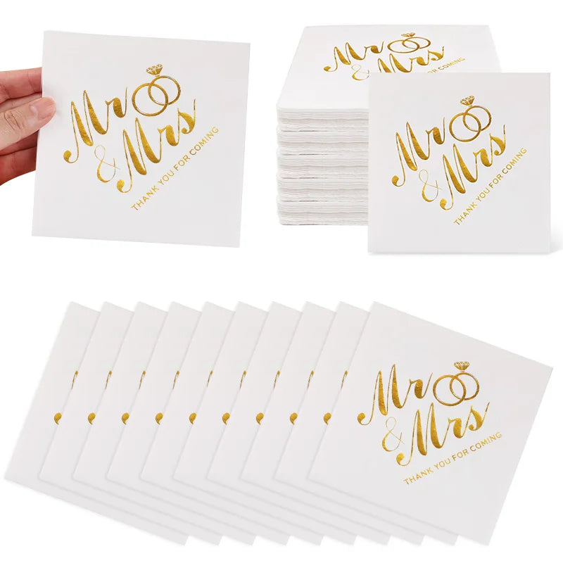20/60/100 Pièces Serviettes de Mariage Dorées Mr Mrs Serviettes en Papier pour Décoration de Table de Dessert de Mariage Fournitures de Fête Prénuptiale