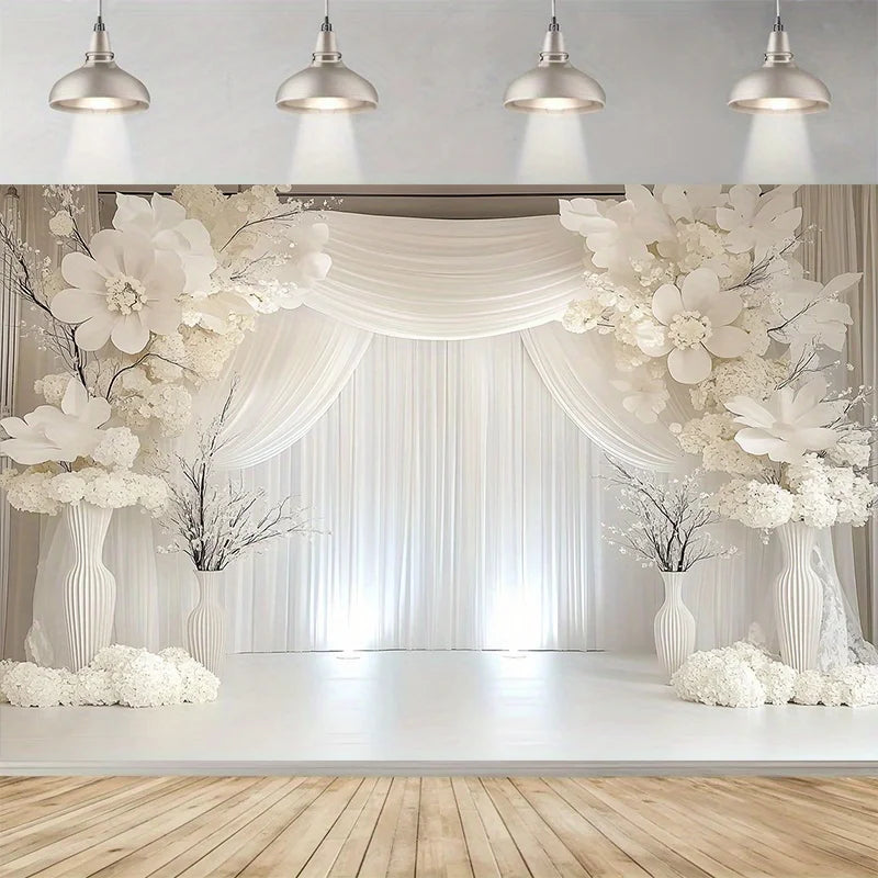 Elegant White Floral Wedding Backdrop Banner with Curtains