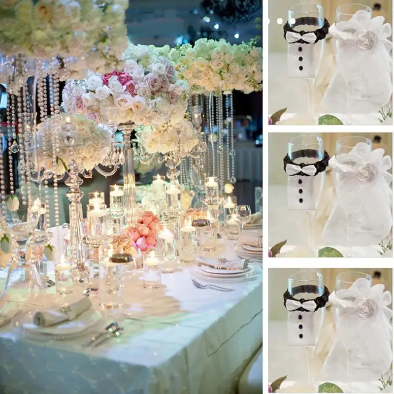 Lot de 2 nœuds papillon pour mariée et marié, décor de verres à vin pour fête de mariage