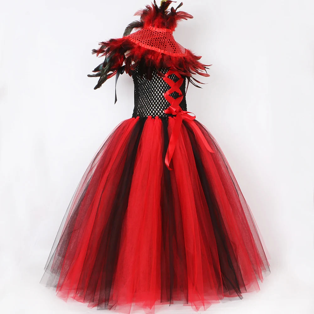 Robe Tutu en Tulle Reine Maléfique Sorcière Vampire Démon Gothique pour Filles, Robe Longue de Fête de Carnaval d'Halloween pour Enfants, Tenues de Déguisement