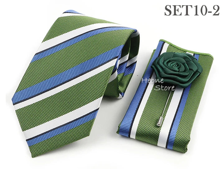 Men's Striped Necktie, Pocket Square & Brooch Set | Groom & Groomsmen Wedding Accessory