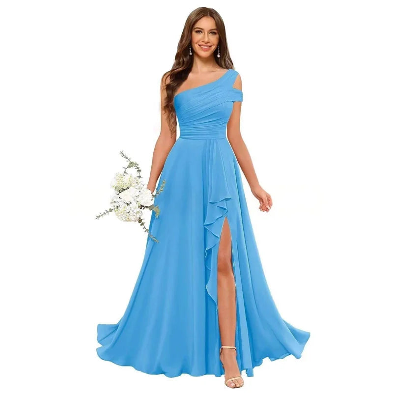 Robe de Demoiselle d'honneur en Mousseline Coupe Droite, Épaule Dénudée, Fendue, Plissée, Élégante pour Mariage, Soirée ou Bal, Dos Lacé