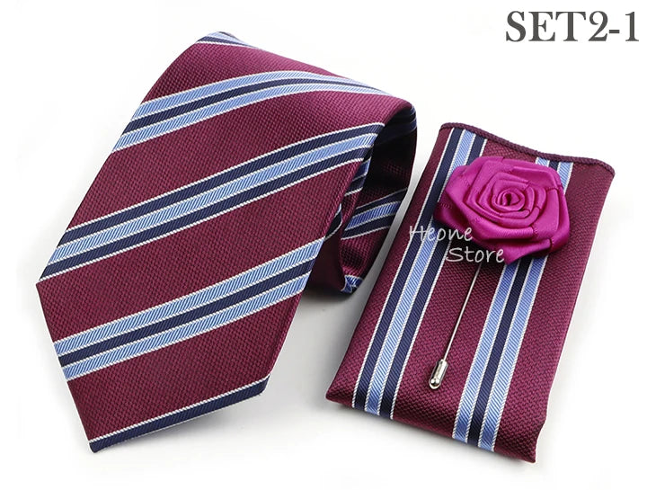 Men's Striped Necktie, Pocket Square & Brooch Set | Groom & Groomsmen Wedding Accessory