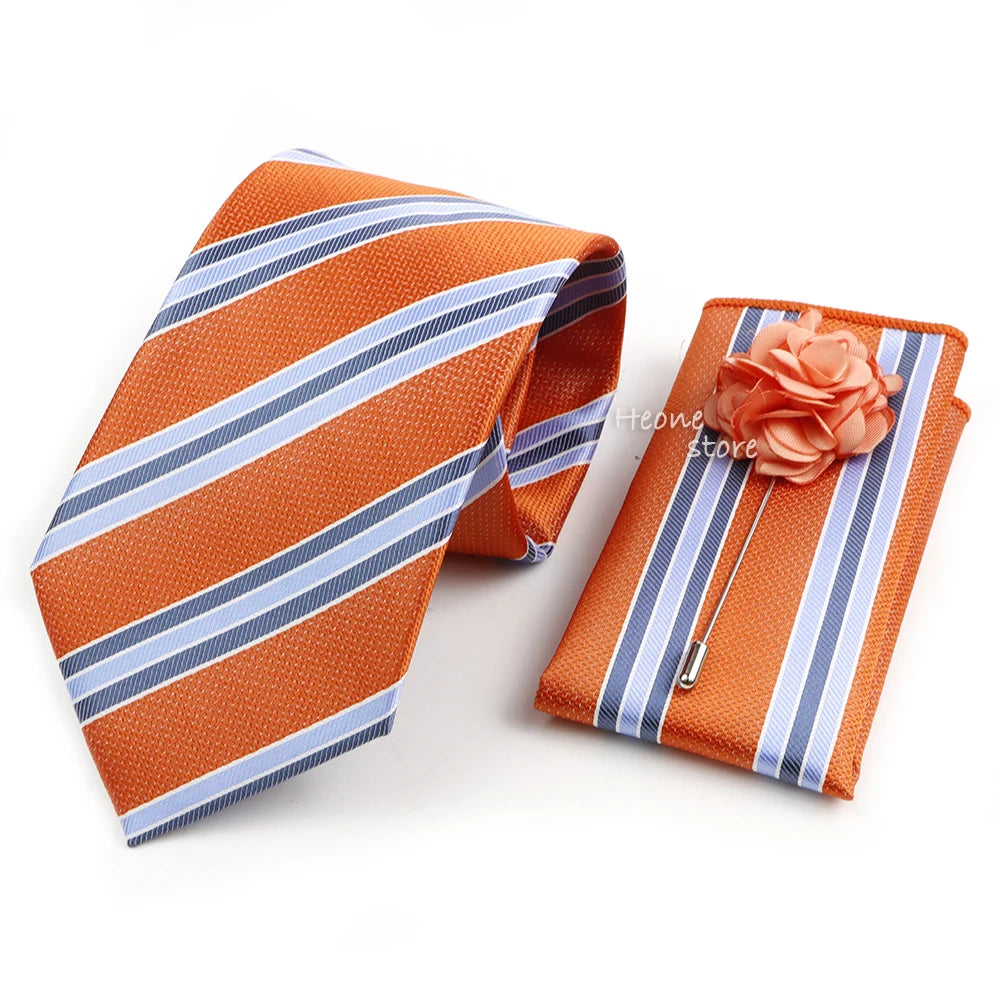 Men's Striped Necktie, Pocket Square & Brooch Set | Groom & Groomsmen Wedding Accessory