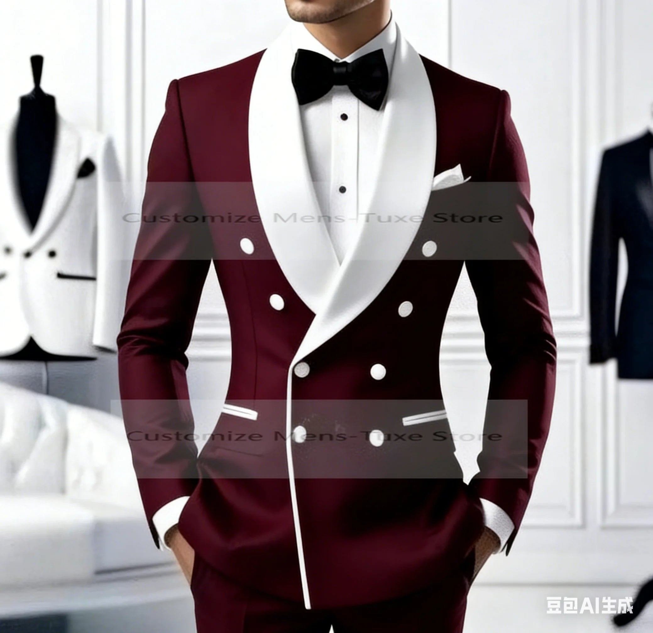 Costume homme noir col blanc pour occasion formelle, marié, témoin, mariage, bal de promo, affaires décontractées, smoking, ensemble 2 pièces blazer pantalon