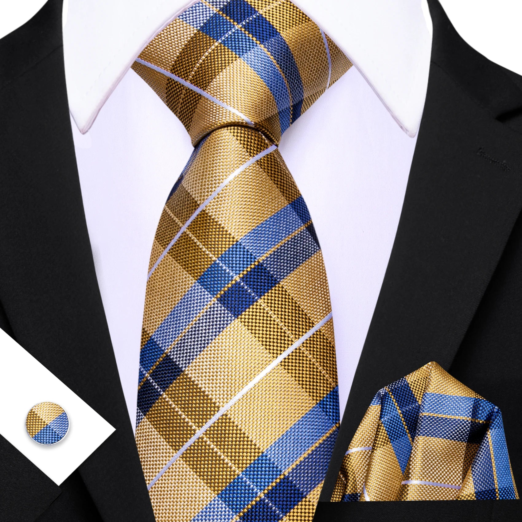 Barry.Wang Cravate Jacquard Or et Jaune pour Homme avec Mouchoir de Poche et Boutons de Manchette, Cravate Exquise pour Mariage et Affaires