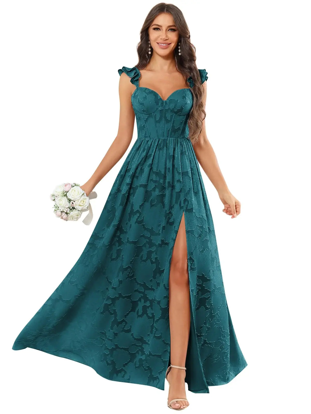 Floral Ruffle Bridesmaid Dress | Sweetheart A-Line Gown with Slit | Wedding Party
