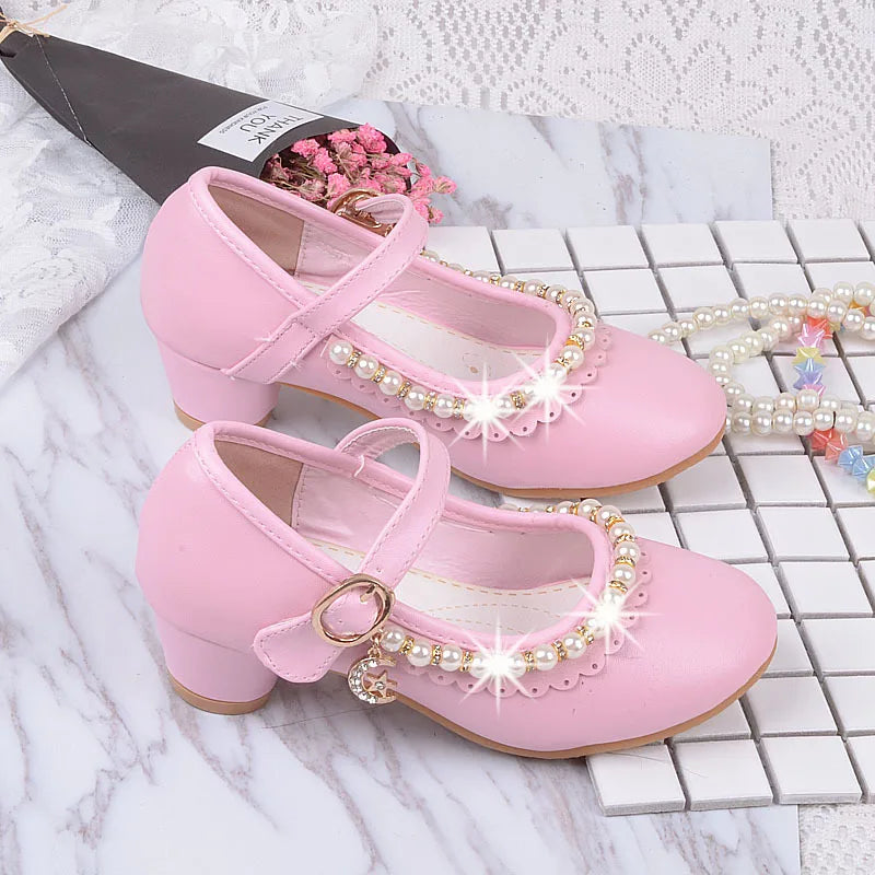 Nouvelles chaussures à talons hauts de princesse pour enfants, chaussures en cuir pour robe de mariée de fille, chaussures blanches pour enfants, chaussures de performance pour étudiants