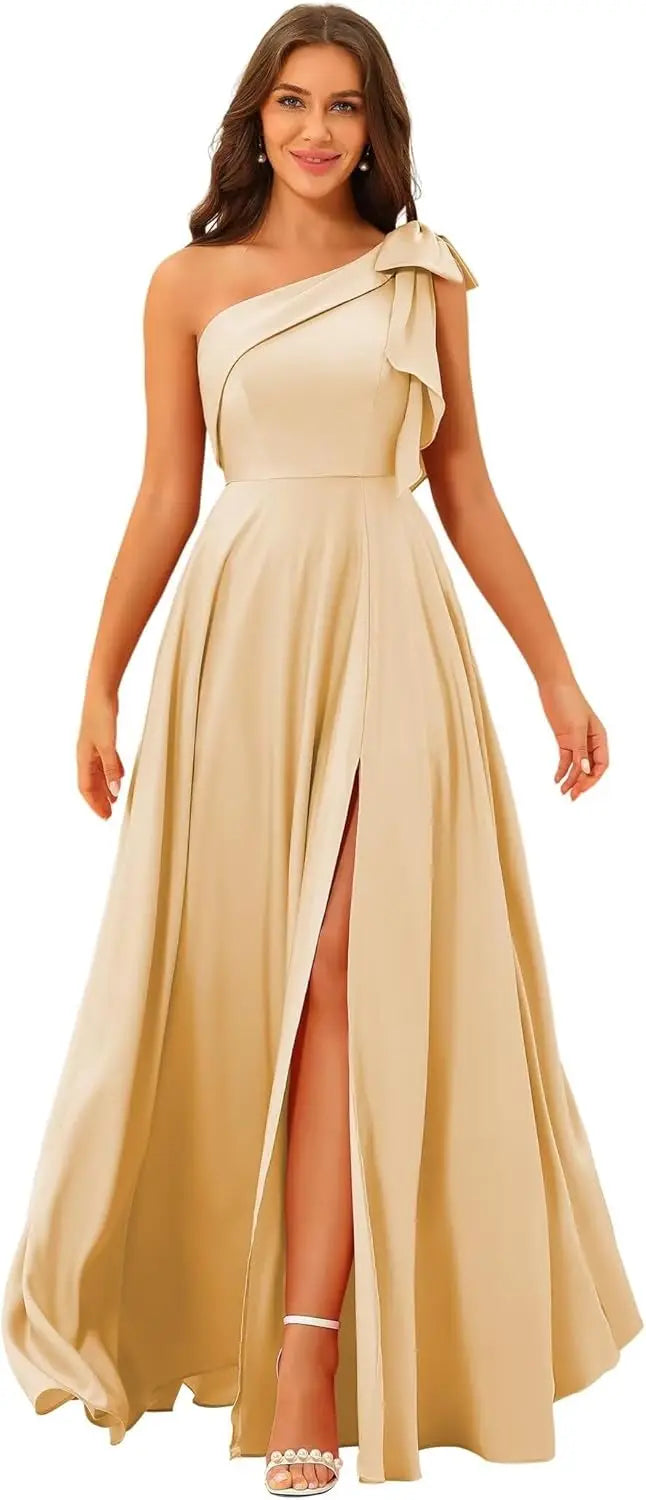 Elegant Satin Bow One-Shoulder Bridesmaid Dresses A-line Slit Backless Solid Simple Guest Ball Gowns Lace Up Wedding Prom Dress