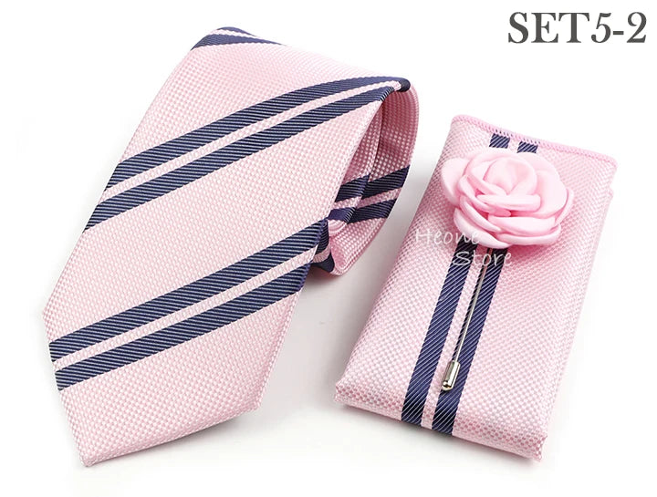 Men's Striped Necktie, Pocket Square & Brooch Set | Groom & Groomsmen Wedding Accessory