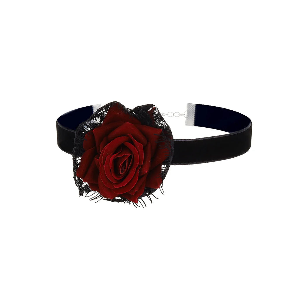 Collier ras-du-cou « rose épanouie en dentelle gothique » — style Lolita